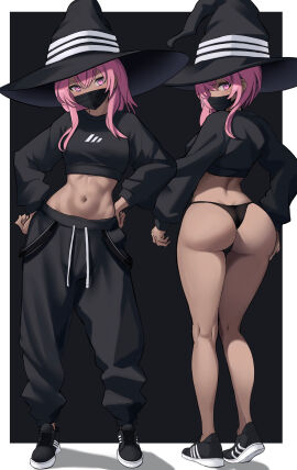 1girls ambiguous_gender ass back black_hat black_mask black_panties black_pants black_thong black_topwear black_underwear brown-skinned_female brown_skin brown_skinned_female claves female hat kneepits legs looking_back mask original original_art original_artwork original_character panties pants pink-eyed_female pink-haired_female pink_eyebrows pink_eyes pink_hair smooth_skin thick_ass thick_thighs thighs thong topwear underwear yan_kodiac
