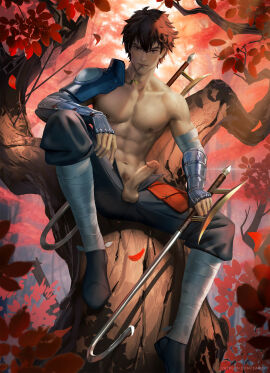 1boy abs armor avatar_legends avatar_the_last_airbender bandaged_arm big_penis brown_eyes brown_hair brown_pubic_hair grey_pants jet_(avatar) male male_only nonbender penis shirtless solo_male stick tan_skin trees zarory