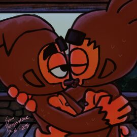 absurd_res anthro benjamin_(bloons) bloons_tower_defense bodily_fluids duo eye_contact french_kissing frottage hand_on_butt hand_on_shoulder haplorhine hi_res hug kissing licking licking_tongue log_cabin looking_at_another low_light male male/male mammal monkey mountain ninja_kiwi nipples passionate penile penises_touching plant primate quincy_(bloons) sean_serpentine sex sky sunset sweat tongue tree