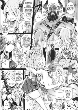 anila_(granblue_fantasy) asanagi big_breasts breasts comic defeated defeated_heroine draph_race_(granblue_fantasy) english english_text female femsub granblue_fantasy greyscale hard_translated hitting instant_loss male male_domination maledom monochrome narmaya_(granblue_fantasy) page_1 punch punching ryona scared scared_expression shortstack skirt text