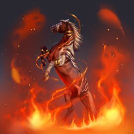 1:1 2025 anatomically_correct animal_genitalia attached_sheath beesa blue_eyes bracelet digital_media_(artwork) equid feral fire fur genitals gold_(metal) gold_bracelet gold_jewelry hair hi_res hooves jewelry male mammal mane markings multicolored_body multicolored_fur on_hind_legs quadruped sheath signature solo spots spotted_markings stripes tail white_mane white_tail