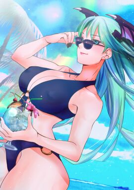 1girls adjusting_eyewear bat_wings beach bikini black_nails breasts cup darkstalkers demon female green_eyes green_hair head_wings holding holding_cup long_hair looking_at_viewer looking_over_eyewear looking_over_sunglasses morrigan_aensland palm_tree rosie_rosie succubus sunglasses swimsuit tinted_eyewear tree wings