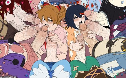 2girls 9boys astolfo_(fate) asuka_langley_sohryu blowbang blush bridget cedric_dewitt character_name fate_(series) felix_argyle fellatio female femboy femboy_on_female fire_emblem genshin_impact guilty_gear guilty_gear_strive handjob heart kill_la_kill komi-san_wa_komyushou_desu male maria_holic masturbation matoi_ryuuko multiple_penises neon_genesis_evangelion osana_najimi penis precum precum_drip precum_on_penis precum_on_tongue re:zero_kara_hajimeru_isekai_seikatsu rosado_(fire_emblem) saliva saliva_on_penis saliva_trail shidou_mariya tagme tongue_out venti_(genshin_impact)