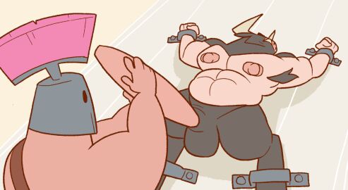 animated armpit_hair balls boner bunbunny_(artist) erect_nipples erection gay gif handjob helmet holding_penis interspecies male male_only masturbating_other minotaur nipples nude penis restrained smallsrabbit stroking_penis two-handed_handjob