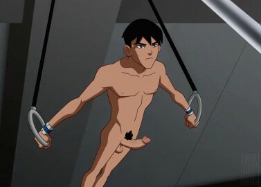 batman_(series) black_hair dc dc_comics dick_grayson edit edited_screencap gay gym male naked nudkrt00n robin_(dc) robin_(dick_grayson) robin_(young_justice) skinny working_out yaoi young young_justice