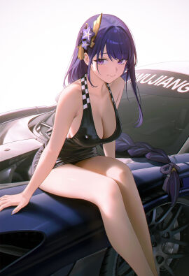 95_(jiuwujiang) absurdres alternate_costume armpit_crease artist_name bare_arms bare_legs bare_shoulders black_dress braid breasts car cleavage closed_mouth collarbone commentary contemporary dress duplicate english_commentary feet_out_of_frame female flower from_side genshin_impact hair_flower hair_ornament hair_ribbon halter_dress halterneck highres large_breasts leaning_forward legs light_smile long_braid long_hair looking_at_another looking_at_viewer low-braided_long_hair low-tied_long_hair mole mole_under_eye motor_vehicle multicolored_hair nail_polish on_car pixel-perfect_duplicate purple_eyes purple_hair purple_nails purple_ribbon race_queen raiden_shogun ribbon shade short_dress sideboob sidelocks single_braid sitting smile solo streaked_hair thighs very_long_hair