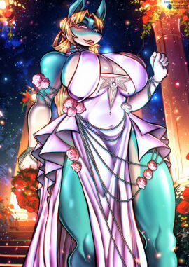 anthro big_breasts blonde_hair blue_eyes blue_fur blue_skin bluewolfartista breasts female furry huge_breasts ippan_josei massive_breasts my_hero_academia taller_female wedding wedding_dress wedding_night