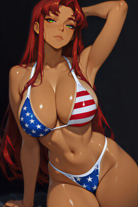 1girls absurd_res ai_generated american_flag_bikini bikini black_background dc_comics female female_focus fit_female green_eyes hand_behind_head hi_res high_res high_resolution hourglass_figure large_breasts long_hair red_hair solo solo_female solo_focus starfire tagme teen_titans upscaled