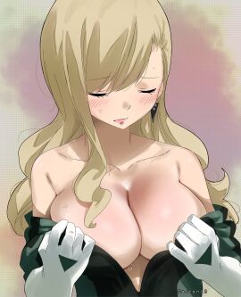 alternate_costume artist_name bare_shoulders blonde-haired_female blonde_hair blush breasts cleavage closed_eyes earrings edens_zero female gaston18 gloves highres jewelry large_breasts long_hair rebecca_bluegarden solo undressing white_gloves