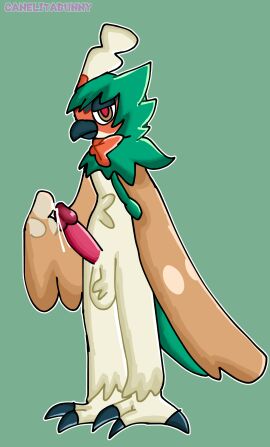 anthro bad_anatomy balls bird bird_feet canelitabunny cum decidueye erection furry genitals male nintendo owl penis pokemon pokemon_(species)