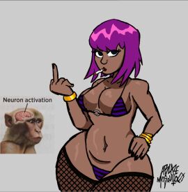 ablazemosquit0 baddie bikini bikini_bottom bikini_top breasts female fishnets goth goth_girl latina meme oc original_character purple_hair stripper thick_thighs