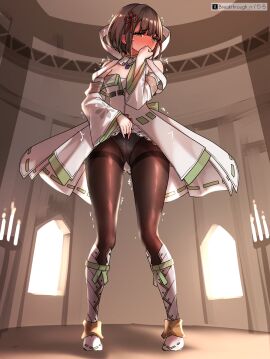 1girls blush blushing_female breakthrough_rr clothed clothed_female embarrassed embarrassed_female female female_focus female_only lifting_skirt miyabi_(xenoblade) nintendo pantyhose presenting_pussy pussy red_ribbon ribbon_in_hair see-through short_hair shy tights underwear uniform visible_underwear xenoblade_(series) xenoblade_chronicles_3