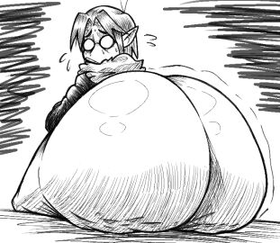 ass ass_focus big_ass big_butt black_and_white bottom_heavy bottomless bottomless_female elf_ears fat female female_only glasses huge_ass jacket molly_(nasty_spaghjett) motion_lines nasty_spaghjett nervous presenting presenting_hindquarters showing_ass solo_female sweating