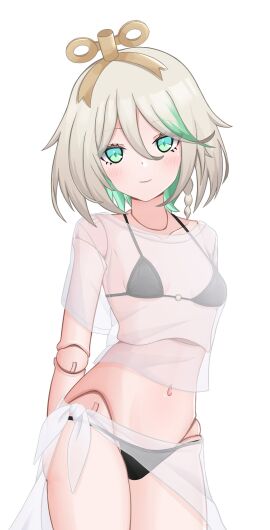 1girls 2d 2d_(artwork) alternate_costume arms_behind_back bikini bikini_bottom bikini_top black_bikini black_bikini_bottom black_bikini_top black_swimsuit bra breasts cecilia_immergreen doll doll_joints dsuzu female female_focus female_only front_view green_eyes green_hair hololive hololive_english hololive_english_-justice- light-skinned_female light_skin looking_at_viewer short_hair simple_background sky slim_female small_breasts smiling smiling_at_viewer solo solo_female solo_focus standing summer swimsuit thong thong_bikini two-tone_hair virtual_youtuber vtuber vtuberfanart white_background white_hair young younger_female