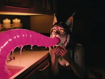 ai_generated anthro body_invasion clothed dark_room distressed feline female furry grok_imagine kitchen lynx oral possession shorter_than_10_seconds slime slime_inflation sound tagme video vore