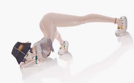 1girls 3d arched_back ass ass_up belle_(summer_skies)_(zenless_zone_zero) belle_(zenless_zone_zero) blender bottomless bracelets breasts bucket_hat female fousters green_eyes grin half_naked jack-o_pose light-skinned_female light_skin long_legs medium_breasts official_alternate_costume reflection sandals see-through see-through_clothing short_hair simple_background translucent_clothing white_background zenless_zone_zero