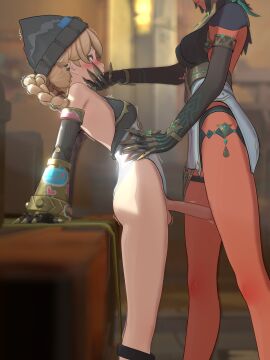 1futa 1girls 3d blonde_hair blush female femdom futa_on_female futanari futasub genshin_impact hoyoverse intersex jahoda_(genshin_impact) mihoyo nefer_(genshin_impact) roninsune taller_female