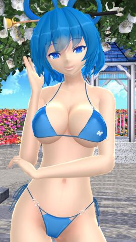 1girls 2024 3d belly_button bikini blue-haired_female blue_bikini blue_eyes female flower_field hairpin hati_yukkuri_mmd human light-skinned_female light_skin looking_at_viewer mmd outside seiga_kaku smiling_at_viewer solo_female solo_focus swimsuit ten_desires touhou white_flower
