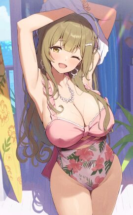 ;d absurdres ahoge armpits arms_up blush breasts brown_eyes brown_hair casual_one-piece_swimsuit cleavage collarbone cowboy_shot day earrings female floral_print frilled_one-piece_swimsuit frills groin hair_ornament highres idolmaster idolmaster_shiny_colors jewelry kuwayama_chiyuki large_breasts legs_together long_hair looking_at_viewer necklace one-piece_swimsuit one_eye_closed open_mouth outdoors pink_one-piece_swimsuit smile solo standing sunlight swimsuit thighs undressing wanimaru
