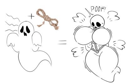 2d 2d_(artwork) 4random_user_(artist) black_eyes breasts breasts_apart breasts_bigger_than_head corset female forsakenedbread ghost ghost_girl original original_character rope rope_around_neck rope_between_breasts rope_harness rule_63 shocked sketch solo surprised_expression tight_fit