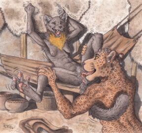 0laffson 2025 anthro anthro_on_anthro anus basket biped bodily_fluids breasts brown_body brown_fur cave_lion claws closed_eyes container cunnilingus digitigrade duo ear_piercing facial_scar fangs feet felid female foot_on_head fur genital_fluids gulonine hammock hi_res interspecies leopard_spots looking_pleasured lying male male/female mammal marten multicolored_body multicolored_fur mustelid musteline nipples nude nude_anthro nude_female nude_male on_back open_mouth oral orange_body orange_fur pantherine pawpads piercing prehistoric_species sagging_breasts scar sex spots spread_toes sweat teeth toe_claws toes traditional_media_(artwork) two_tone_body two_tone_fur vaginal_fluids vaginal_penetration vase yellow_eyes