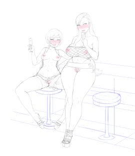 2girls abs areolae bare_breasts breasts female final_fantasy final_fantasy_vii fishnets glass hand_on_hip high_heels huge_breasts legoman long_hair medium_breasts micro_panties micro_shorts microskirt nipple_piercing nipples no_panties no_panties_under_shorts open_clothes open_toe_shoes piercing platform_heels pussy short_hair sketch skindentation stiletto_heels thighhighs thong tifa_lockhart very_high_heels vest vibrator vibrator_in_pussy vibrator_under_clothes yuffie_kisaragi