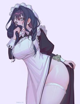 1girls big_breasts blue_eyes blue_hair blush breasts busty female female_only hiding_face hips hololive hololive_english hololive_english_-council- hololive_english_-promise- large_breasts legs maid maid_apron maid_headdress maid_uniform ouro_kronii ouro_kronii_(maid) shellvi tagme thick thick_thighs thigh_highs thighhighs thighs virtual_youtuber vtuber