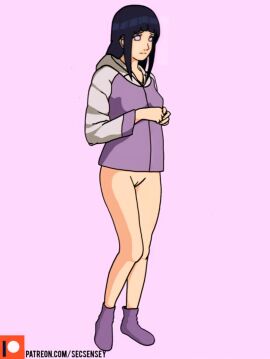 bangs black_hair blunt_bangs bottomless female full_body hood hood_down hoodie hyuuga_hinata light_purple_eyes long_hair purple_eyes socks solo standing