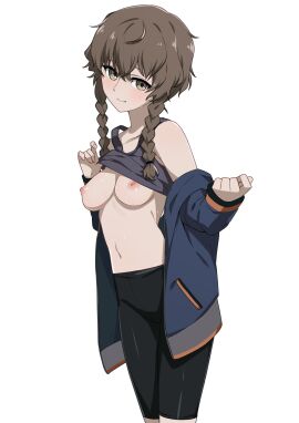 1girls amane_suzuha bare_breasts bare_shoulders belly bike_shorts black_shorts blush braid braided_hair breasts breasts_out brown_hair female female_focus flashing_breasts fluffy_hair green_eyes jacket_off_shoulders jacket_open lifting_clothing light-skinned_female light_skin looking_at_viewer medium_breasts midriff morisobo navel open_clothes open_jacket shirt_lift smile solo sports_bra sports_bra_lift standing steins;gate suckable_nipples tank_top tomboy track_jacket twin_braids undressing