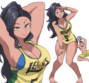 1boy 1girls armpits bikini black_hair breasts brown_hair capcom cleavage female hands_behind_head holding holding_object ilo_a5 latina laura_matsuda long_hair male open_mouth posing sean_matsuda shirtless short_hair sideboob street_fighter tagme tan_body tank_top thick_thighs voluptuous wide_hips yellow_eyes