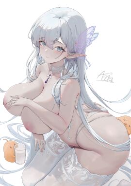 albion_(a_fairy-tale_breakfast)_(azur_lane) albion_(azur_lane) ass azur_lane blue_eyes blush breasts butterfly_hair_ornament cg choker cleavage closed_mouth collarbone elf female grey_eyes grey_hair hair_between_eyes hair_ornament huge_breasts inverted_nipples jewelry large_breasts long_hair looking_at_viewer nipples panties pointy_ears signature simple_background smile solo thick_thighs thighhighs thighs thong topless underwear very_long_hair white_background white_choker white_hair white_panties white_thighhighs