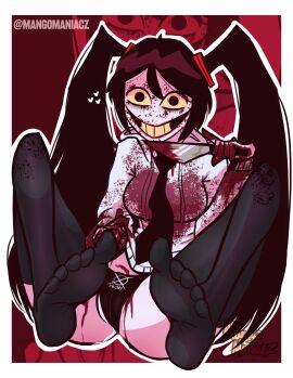 aged_up black_hair black_stockings black_underwear blood_on_face bloody_clothes bloody_knife crazy_eyes crazy_smile creepypasta dripping dripping_pussy dripping_wet feet feet_focus feet_up female female_only hatsune_miku horror jeff_the_killer knife long_hair mangomaniacz meme miku_the_killer pale_skin pin_up pussy smile solo stockings sweatshirt tie tied_hair trend twintails underwear vocaloid yellow yellow_teeth