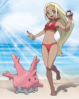 1girls beach bikini blonde_hair bracelets breasts clouds corsola female green_eyes holding_poke_ball long_hair looking_at_viewer medium_breasts midriff nail_polish navel nintendo npc_trainer ocean outside painted_fingernails painted_toenails pokeball pokemon pokemon_xy red_bikini red_nails red_swimsuit sky swimmer_(pokemon) swimmer_(pokemon_xy) swimsuit tellzeta water
