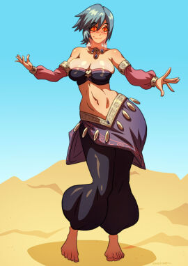 aqua_(kingdom_hearts) belly_dancer belly_dancer_outfit belly_dancing blue_hair breasts cleavage dancer dancer_outfit dancing desert detached_sleeves disney female harem_girl harem_outfit harem_pants huge_breasts hypnosis kingdom_hearts mind_control ono-fire short_hair veil voluptuous voluptuous_female
