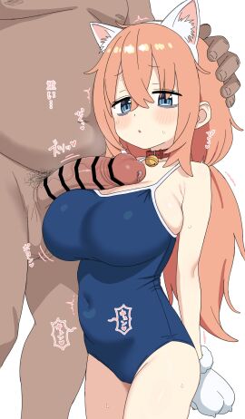 1boy 1girls animal_collar animal_ear_fluff animal_ears animal_hands bags_under_eyes bar_censor bell belly blue_eyes blue_one-piece_swimsuit breasts cat_ears censored collar commentary covered_navel crossed_bangs fat_male female gloves hair_between_eyes hand_on_another's_head highres horny horny_female jingle_bell large_breasts long_hair looking_at_penis male michinoku_komaro neck_bell norigure18 one-piece_swimsuit orange_hair paw_gloves penis precum seitokai_nimo_anawa_aru! shortstack simple_background solo_focus straight strawberry_blonde_hair swimsuit white_background