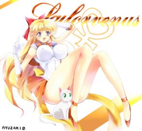 1girls alluring artemis_(sailor_moon) ayuzaki0 bishoujo_senshi_sailor_moon blonde_hair blue_eyes bow breasts character_name covered_erect_nipples feline female gloves green_eyes highres large_breasts long_hair magical_girl minako_aino miniskirt open_mouth red_bow sailor_venus skirt thighs very_long_hair white_background white_cat
