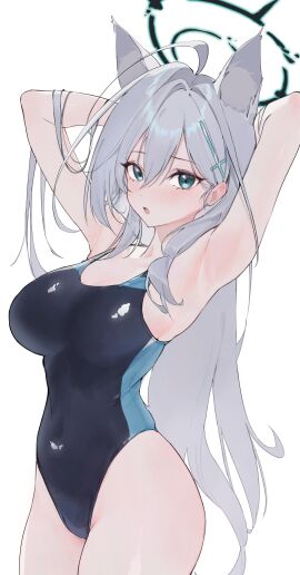 absurdres abydos_high_school_student animal_ear_fluff animal_ears armpits arms_behind_head arms_up black_one-piece_swimsuit blue_archive blue_eyes blush breasts competition_swimsuit covered_navel cowboy_shot cross cross_hair_ornament female foreclosure_task_force_(blue_archive) grey_hair hair_ornament halo hand_in_own_hair highleg highleg_one-piece_swimsuit highres i_ly inverted_cross large_breasts long_hair looking_at_viewer multi_ear multicolored_swimsuit official_alternate_costume one-piece_swimsuit open_mouth self_cosplay shiroko_(blue_archive) shiroko_(swimsuit)_(blue_archive) shiroko_(terror)_(blue_archive) simple_background solo standing swimsuit two-tone_swimsuit very_long_hair white_background wolf_ears