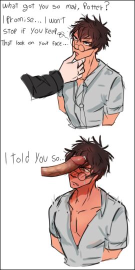 2boys angry artist_request at_work blush clothed draco_malfoy english_text erection face_closeup gay harry_james_potter harry_potter humiliation male male_only nonconsensual penis precum scared_expression simple_background skinny uncensored yaoi