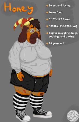 ambiguous_gender anthro belt bottomwear bovid brown_body brown_fur bulge caprine clothing eyewear footwear fur fur_pattern furry futanari glasses goat hi_res honey_the_goat hoodie horn intersex lisamix_art mammal orange_body orange_fur overweight pants pattern_clothing patterned_fur shirt shoes solo striped_clothing stripes topwear trans_woman transfem yellow_body yellow_fur