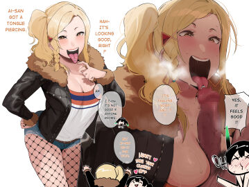 1futa 1girls big_breasts big_penis black_hair black_jacket blonde_hair braid breasts censored cleavage clothed clothing denim denim_shorts dialogue english_commentary english_text erection fellatio female female_focus fishnets fully_clothed fur-trimmed_jacket fur_trim futanari gradient_hair green_hair heavy_breathing highres human intersex jacket large_breasts leather leather_jacket licking licking_penis light-skinned_female light-skinned_futa light_skin looking_at_penis love_live! love_live!_nijigasaki_high_school_idol_club medium_hair miyashita_ai mosaic_censoring multicolored_hair multicolored_shirt multiple_females multiple_girls multiple_views okpriko open_clothes open_jacket oral partially_clothed penis piercing shorts side_ponytail single_braid solo solo_focus takasaki_yuu teeth text tongue tongue_out tongue_piercing twintails upper_teeth white_background yellow_eyes