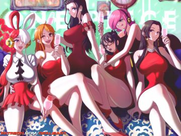 6girls arm_tattoo bare_legs bare_shoulders bare_thighs big_breasts black-haired_female black_hair blue_eyes blue_tattoo boa_hancock breasts clothed clothing color dress drink female female_focus female_only glasses hi_res jewelry large_breasts licking licking_lips light-skinned_female light_skin long_hair looking_at_another looking_at_viewer looking_back multicolored_hair multiple_females multiple_girls nami_(one_piece) nico_robin one_piece opalisart open_mouth orange-haired_female orange_eyes orange_hair pink-haired_female pink_hair post-timeskip purple_eyes red-haired_female red_dress red_hair short_hair shounen_jump sitting solo_female tagme tashigi tattoo thick_thighs tongue tongue_out two-tone_hair uta_(one_piece) vinsmoke_reiju white-haired_female white_hair whole_cake_island