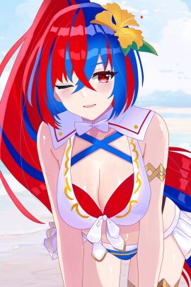 ;d alear_(female)_(seaside_dragon)_(fire_emblem) alear_(fire_emblem) alear_(fire_emblem)_(female) bare_shoulders bikini blue_bikini breasts cleavage criss-cross_halter crossed_bangs female fire_emblem fire_emblem_engage fire_emblem_heroes halterneck highres large_breasts multicolored_bikini multicolored_clothes multicolored_hair multicolored_swimsuit n_54 nintendo official_alternate_costume official_alternate_hairstyle ponytail red_bikini split-color_hair swimsuit two-tone_hair white_bikini