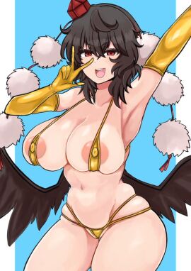 1girls big_breasts black_hair breasts comic female golden_bikini golden_week nipples_visible_through_clothing peace_sign red_hair shameimaru_aya solo tengu touhou wasiwa0607