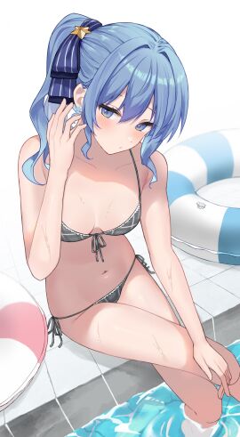 1girls bare_skin bikini blue_eyes blue_hair breasts coha350 female hololive hololive_gen_0 hololive_japan hoshimachi_suisei jpeg looking_at_viewer shy small_breasts solo swimsuit tagme virtual_youtuber