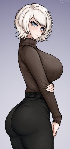 1girls ass big_breasts blue_eyes breasts brown_sweater clothed_female faust_(limbus_company) female huge_breasts light-skinned_female light_skin limbus_company megamoo mole mole_under_eye pants project_moon side_view solo solo_female sweater thick_thighs thighs watermark white_hair