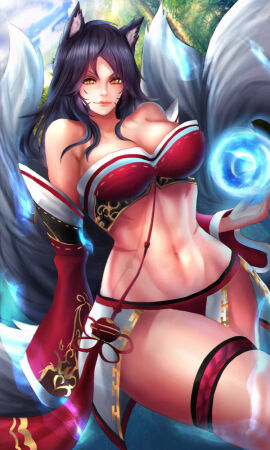 1girls abs ahri big_breasts black_hair breasts default_ahri female female_abs female_focus female_only fit fit_female fox_ears fox_girl fox_tail galakushi half_naked half_naked_female kumiho league_of_legends nine_tailed_fox partially_clothed solo source_request tagme thick_thighs thighs whisker_markings white_tail yellow_eyes