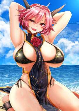 armpits bare_arms bare_legs bare_shoulders bikini black_bikini black_tabard blue_sky breasts chibi chibi_inset cloud cuffs day female flower hair_between_eyes highres horns ibaraki_douji's_arm ibaraki_kasen kasen_ibaraki large_breasts looking_at_viewer mature_female oni oni_female oni_horns outdoors pink_hair red_eyes red_flower red_rose rihito_(usazukin) rose shackles sharp_teeth short_hair side-tie_bikini_bottom sitting sky smile solo summer swimsuit tabard teeth touhou uneven_eyes wet