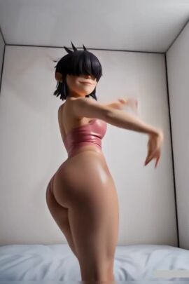 3d ai_generated bangs bedroom black_hair dancing flat_chest gorillaz latex leotard noodle_(gorillaz) oily pink_outfit realistic short_hair showing_off smiling tagme turning_around video