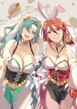 2girls :d alternate_costume animal_ears aqua_hair bare_shoulders breasts bunny_ears bunny_girl bunnysuit chloe_(fire_emblem) choker cleavage commentary_request cordelia_(fire_emblem) detached_sleeves fake_animal_ears female female_only fire_emblem fire_emblem_awakening fire_emblem_engage fire_emblem_heroes gloves green_eyes grey_background hairband large_breasts long_hair looking_at_viewer medium_breasts multiple_females multiple_girls nintendo official_alternate_costume open_mouth pantyhose pink_pantyhose puffy_short_sleeves puffy_sleeves purple_eyes rabbit_ears red_hair see-through see-through_sleeves short_sleeves smile very_long_hair white_gloves white_hairband white_pantyhose yusi_vishnu