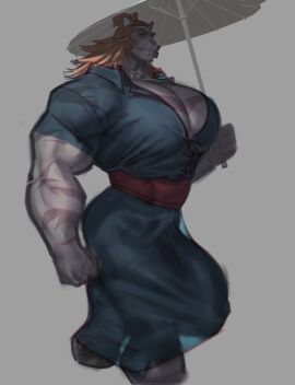2024 anthro asian_clothing big_bulge big_pecs biped boosterpang bulge carrot clothing east_asian_clothing felid feline food hair hi_res homura_(rexpecs) huge_bulge huge_pecs japanese_clothing lion long_hair looking_at_viewer male male_only mammal multicolored_body muscular muscular_anthro muscular_male original original_character pantherine pecs plant simple_background solo text umbrella unfinished vegetable